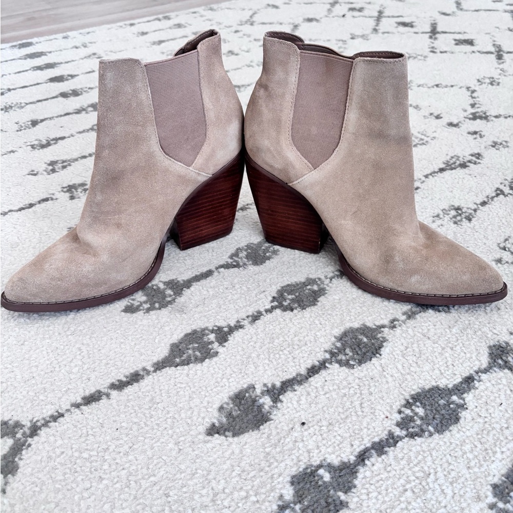 BP. Lex Block Heel Ankle Boots in Taupe Suede